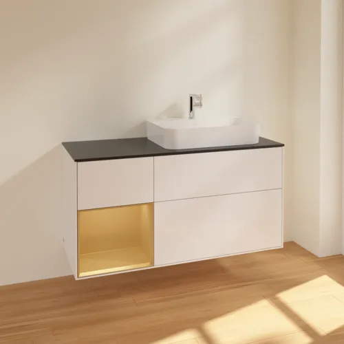 Bild von VILLEROY BOCH Finion Waschbeckenunterschrank, mit Beleuchtung, 3 Auszüge, 1200 x 603 x 501 mm, Glossy White Lacquer / Gold Matt Lacquer / Glass Black Matt #F392HFGF