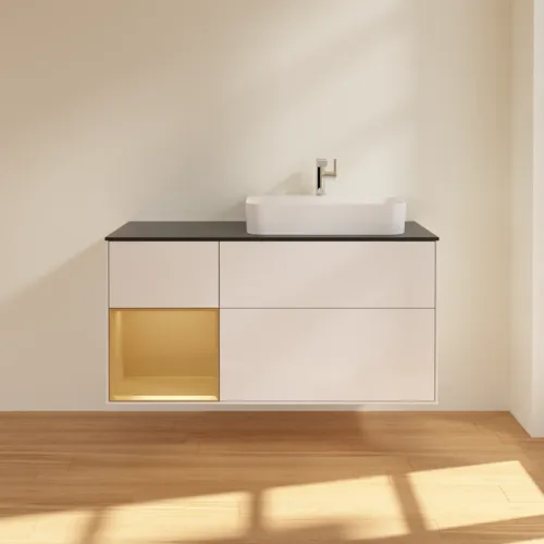 Bild von VILLEROY BOCH Finion Waschbeckenunterschrank, mit Beleuchtung, 3 Auszüge, 1200 x 603 x 501 mm, Glossy White Lacquer / Gold Matt Lacquer / Glass Black Matt #F392HFGF