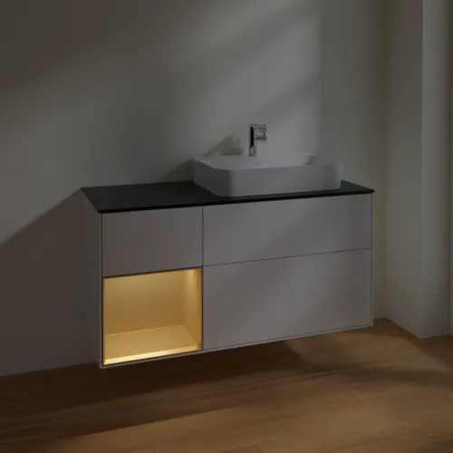 Bild von VILLEROY BOCH Finion Waschbeckenunterschrank, mit Beleuchtung, 3 Auszüge, 1200 x 603 x 501 mm, Glossy White Lacquer / Gold Matt Lacquer / Glass Black Matt #F392HFGF