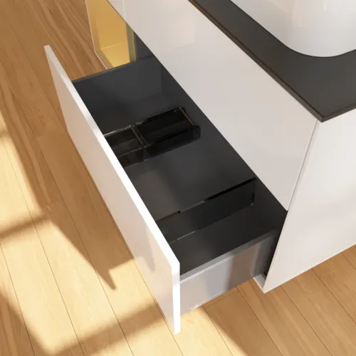 Bild von VILLEROY BOCH Finion Waschbeckenunterschrank, mit Beleuchtung, 3 Auszüge, 1200 x 603 x 501 mm, Glossy White Lacquer / Gold Matt Lacquer / Glass Black Matt #F392HFGF