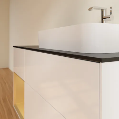 Bild von VILLEROY BOCH Finion Waschbeckenunterschrank, mit Beleuchtung, 3 Auszüge, 1200 x 603 x 501 mm, Glossy White Lacquer / Gold Matt Lacquer / Glass Black Matt #F392HFGF