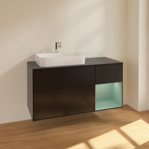 Bild von VILLEROY BOCH Finion Waschbeckenunterschrank, mit Beleuchtung, 3 Auszüge, 1200 x 603 x 501 mm, Black Matt Lacquer / Olive Matt Lacquer / Glass Black Matt #F402GMPD