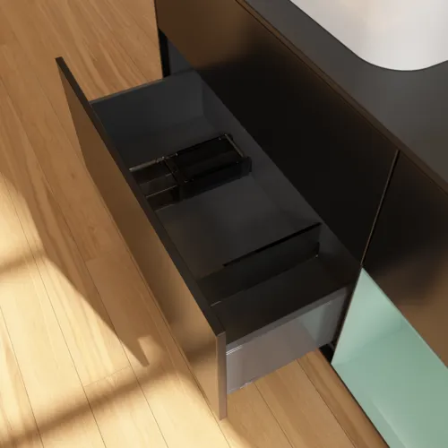 Bild von VILLEROY BOCH Finion Waschbeckenunterschrank, mit Beleuchtung, 3 Auszüge, 1200 x 603 x 501 mm, Black Matt Lacquer / Olive Matt Lacquer / Glass Black Matt #F402GMPD