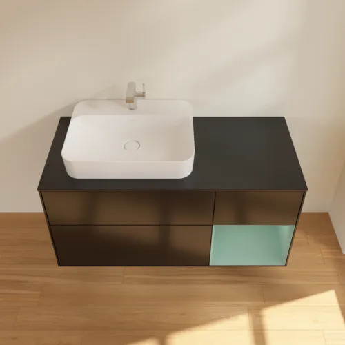 Bild von VILLEROY BOCH Finion Waschbeckenunterschrank, mit Beleuchtung, 3 Auszüge, 1200 x 603 x 501 mm, Black Matt Lacquer / Olive Matt Lacquer / Glass Black Matt #F402GMPD