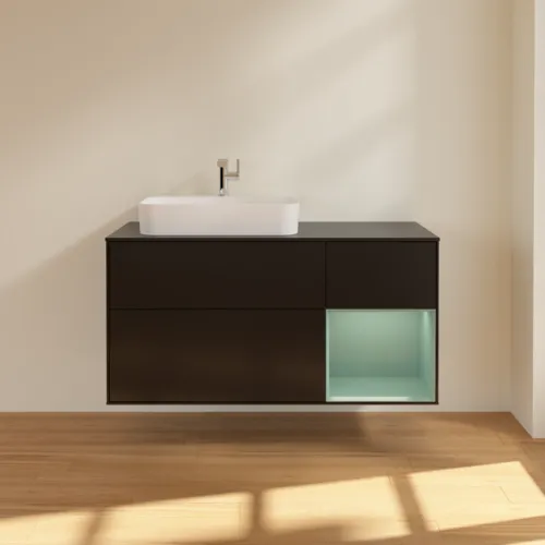 Bild von VILLEROY BOCH Finion Waschbeckenunterschrank, mit Beleuchtung, 3 Auszüge, 1200 x 603 x 501 mm, Black Matt Lacquer / Olive Matt Lacquer / Glass Black Matt #F402GMPD