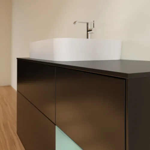 Bild von VILLEROY BOCH Finion Waschbeckenunterschrank, mit Beleuchtung, 3 Auszüge, 1200 x 603 x 501 mm, Black Matt Lacquer / Olive Matt Lacquer / Glass Black Matt #F402GMPD