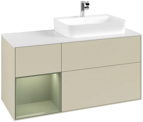 Bild von VILLEROY BOCH Finion Waschbeckenunterschrank, mit Beleuchtung, 3 Auszüge, 1200 x 603 x 501 mm, Silk Grey Matt Lacquer / Olive Matt Lacquer / Glass White Matt #F391GMHJ