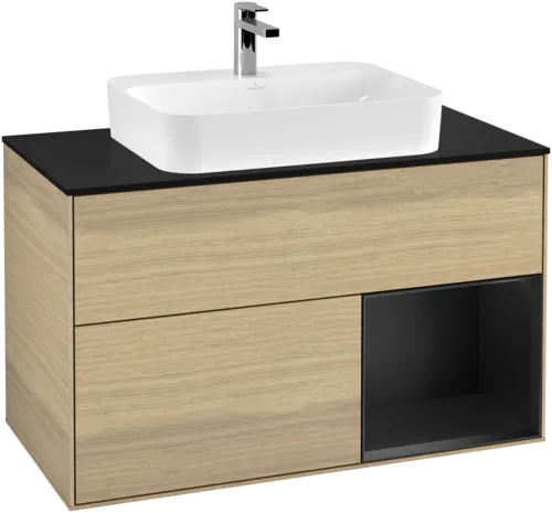 Bild von VILLEROY BOCH Finion Waschbeckenunterschrank, mit Beleuchtung, 2 Auszüge, 1000 x 603 x 501 mm, Oak Veneer / Black Matt Lacquer / Glass Black Matt #F372PDPC