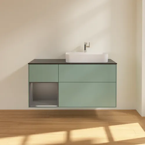 Bild von VILLEROY BOCH Finion Waschbeckenunterschrank, mit Beleuchtung, 3 Auszüge, 1200 x 603 x 501 mm, Olive Matt Lacquer / Anthracite Matt Lacquer / Glass Black Matt #F392GKGM