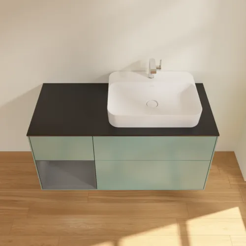Bild von VILLEROY BOCH Finion Waschbeckenunterschrank, mit Beleuchtung, 3 Auszüge, 1200 x 603 x 501 mm, Olive Matt Lacquer / Anthracite Matt Lacquer / Glass Black Matt #F392GKGM