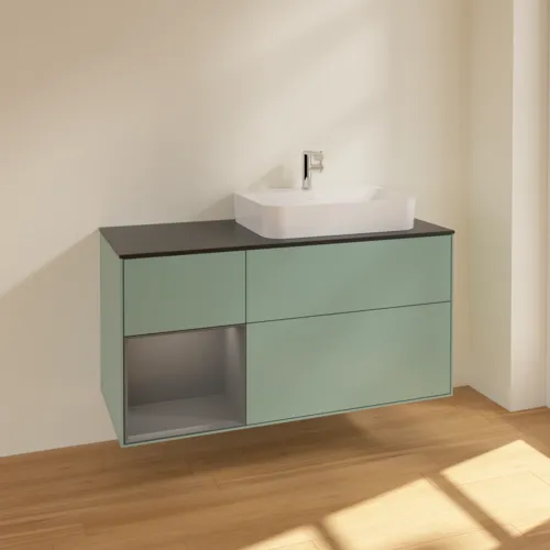 Bild von VILLEROY BOCH Finion Waschbeckenunterschrank, mit Beleuchtung, 3 Auszüge, 1200 x 603 x 501 mm, Olive Matt Lacquer / Anthracite Matt Lacquer / Glass Black Matt #F392GKGM
