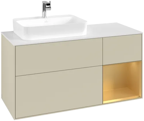 Bild von VILLEROY BOCH Finion Waschbeckenunterschrank, mit Beleuchtung, 3 Auszüge, 1200 x 603 x 501 mm, Silk Grey Matt Lacquer / Gold Matt Lacquer / Glass White Matt #F401HFHJ