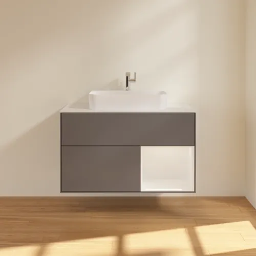 Obrázek VILLEROY BOCH Toaletní skříňka Finion, s osvětlením, 2 výsuvy, 1000 x 603 x 501 mm, antracit matný lak / lesklý bílý lak / sklo bílé matné #F371GFGK
