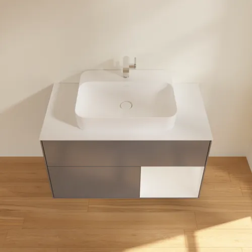 Obrázek VILLEROY BOCH Toaletní skříňka Finion, s osvětlením, 2 výsuvy, 1000 x 603 x 501 mm, antracit matný lak / lesklý bílý lak / sklo bílé matné #F371GFGK