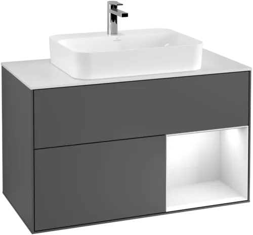 Bild von VILLEROY BOCH Finion Waschbeckenunterschrank, mit Beleuchtung, 2 Auszüge, 1000 x 603 x 501 mm, Anthracite Matt Lacquer / Glossy White Lacquer / Glass White Matt #F371GFGK