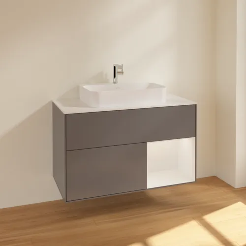 Obrázek VILLEROY BOCH Toaletní skříňka Finion, s osvětlením, 2 výsuvy, 1000 x 603 x 501 mm, antracit matný lak / lesklý bílý lak / sklo bílé matné #F371GFGK