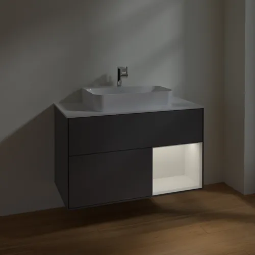 Obrázek VILLEROY BOCH Toaletní skříňka Finion, s osvětlením, 2 výsuvy, 1000 x 603 x 501 mm, antracit matný lak / lesklý bílý lak / sklo bílé matné #F371GFGK