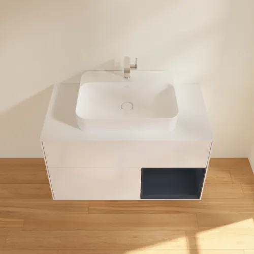 Bild von VILLEROY BOCH Finion Waschbeckenunterschrank, mit Beleuchtung, 2 Auszüge, 1000 x 603 x 501 mm, Glossy White Lacquer / Midnight Blue Matt Lacquer / Glass White Matt #F371HGGF