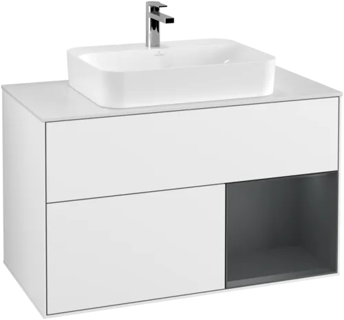 Bild von VILLEROY BOCH Finion Waschbeckenunterschrank, mit Beleuchtung, 2 Auszüge, 1000 x 603 x 501 mm, Glossy White Lacquer / Midnight Blue Matt Lacquer / Glass White Matt #F371HGGF