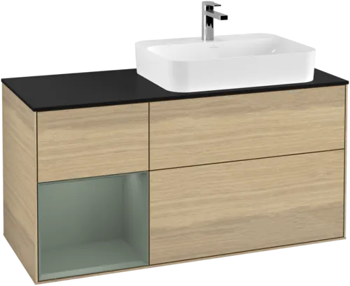 Bild von VILLEROY BOCH Finion Waschbeckenunterschrank, mit Beleuchtung, 3 Auszüge, 1200 x 603 x 501 mm, Oak Veneer / Olive Matt Lacquer / Glass Black Matt #F392GMPC