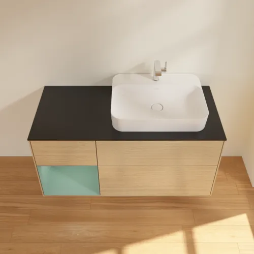 Obrázek VILLEROY BOCH Finion Vanity unit, with lighting, 3 pull-out compartments, 1200 x 603 x 501 mm, Oak Veneer / Olive Matt Lacquer / Glass Black Matt #F392GMPC