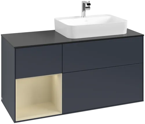 Obrázek VILLEROY BOCH Toaletní skříňka Finion, s osvětlením, 3 výsuvy, 1200 x 603 x 501 mm, Midnight Blue Matt Lacquer / Silk Grey Matt Lacquer / Glass Black Matt #F392HJHG