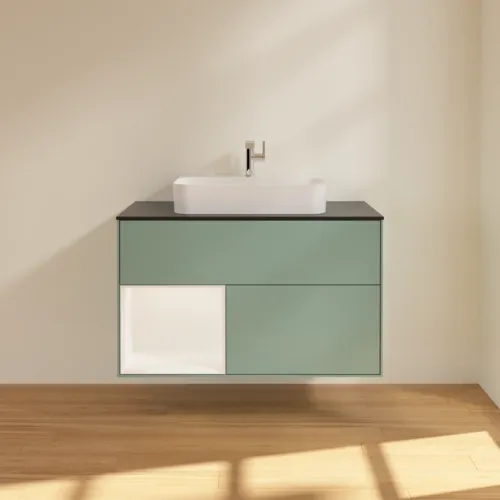 Bild von VILLEROY BOCH Finion Waschbeckenunterschrank, mit Beleuchtung, 2 Auszüge, 1000 x 603 x 501 mm, Olive Matt Lacquer / White Matt Lacquer / Glass Black Matt #F362MTGM
