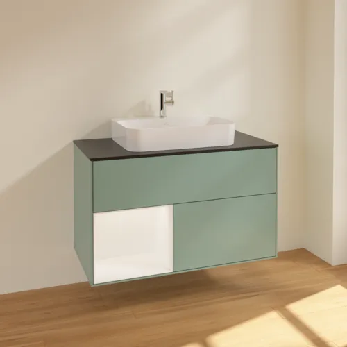Bild von VILLEROY BOCH Finion Waschbeckenunterschrank, mit Beleuchtung, 2 Auszüge, 1000 x 603 x 501 mm, Olive Matt Lacquer / White Matt Lacquer / Glass Black Matt #F362MTGM