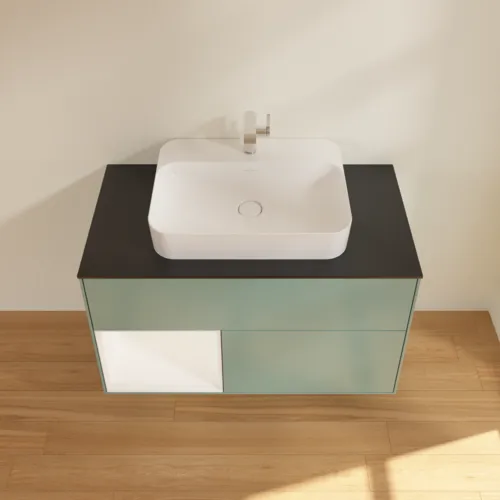 Bild von VILLEROY BOCH Finion Waschbeckenunterschrank, mit Beleuchtung, 2 Auszüge, 1000 x 603 x 501 mm, Olive Matt Lacquer / White Matt Lacquer / Glass Black Matt #F362MTGM