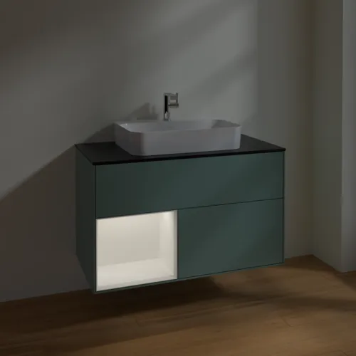 Bild von VILLEROY BOCH Finion Waschbeckenunterschrank, mit Beleuchtung, 2 Auszüge, 1000 x 603 x 501 mm, Olive Matt Lacquer / White Matt Lacquer / Glass Black Matt #F362MTGM