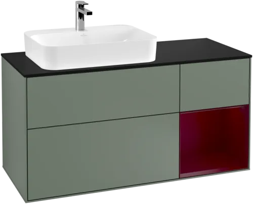 Bild von VILLEROY BOCH Finion Waschbeckenunterschrank, mit Beleuchtung, 3 Auszüge, 1200 x 603 x 501 mm, Olive Matt Lacquer / Peony Matt Lacquer / Glass Black Matt #F402HBGM