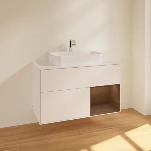 Bild von VILLEROY BOCH Finion Waschbeckenunterschrank, mit Beleuchtung, 2 Auszüge, 1000 x 603 x 501 mm, White Matt Lacquer / Walnut Veneer / Glass White Matt #F371GNMT
