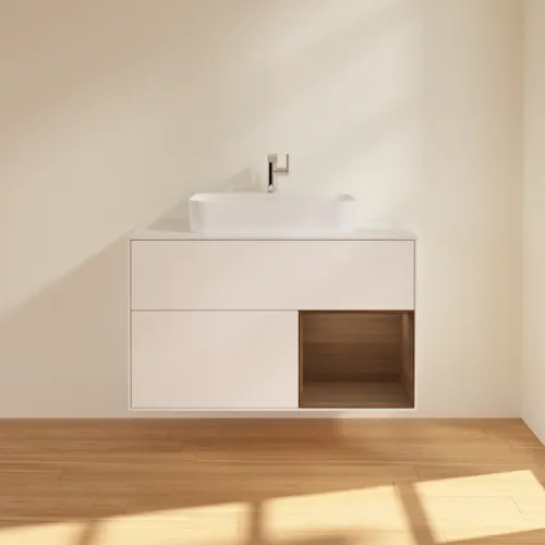 Bild von VILLEROY BOCH Finion Waschbeckenunterschrank, mit Beleuchtung, 2 Auszüge, 1000 x 603 x 501 mm, White Matt Lacquer / Walnut Veneer / Glass White Matt #F371GNMT
