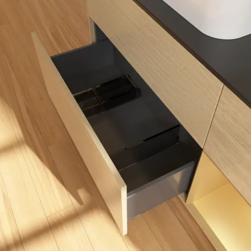 Bild von VILLEROY BOCH Finion Waschbeckenunterschrank, mit Beleuchtung, 3 Auszüge, 1200 x 603 x 501 mm, Oak Veneer / Gold Matt Lacquer / Glass Black Matt #F402HFPC