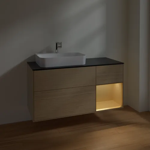 Bild von VILLEROY BOCH Finion Waschbeckenunterschrank, mit Beleuchtung, 3 Auszüge, 1200 x 603 x 501 mm, Oak Veneer / Gold Matt Lacquer / Glass Black Matt #F402HFPC