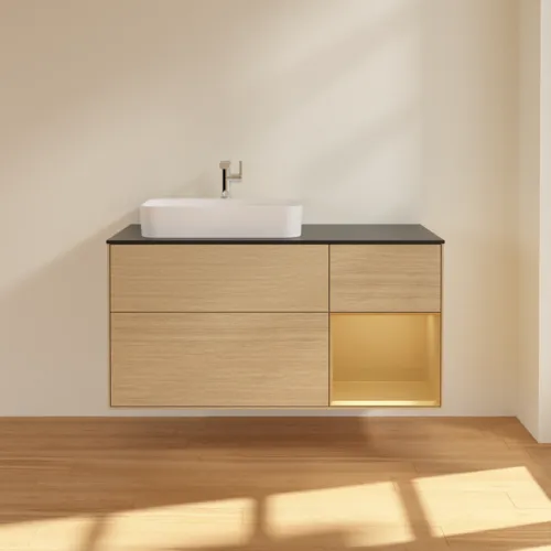 Bild von VILLEROY BOCH Finion Waschbeckenunterschrank, mit Beleuchtung, 3 Auszüge, 1200 x 603 x 501 mm, Oak Veneer / Gold Matt Lacquer / Glass Black Matt #F402HFPC