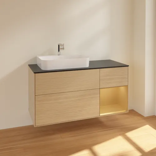 Bild von VILLEROY BOCH Finion Waschbeckenunterschrank, mit Beleuchtung, 3 Auszüge, 1200 x 603 x 501 mm, Oak Veneer / Gold Matt Lacquer / Glass Black Matt #F402HFPC