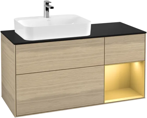 Bild von VILLEROY BOCH Finion Waschbeckenunterschrank, mit Beleuchtung, 3 Auszüge, 1200 x 603 x 501 mm, Oak Veneer / Gold Matt Lacquer / Glass Black Matt #F402HFPC