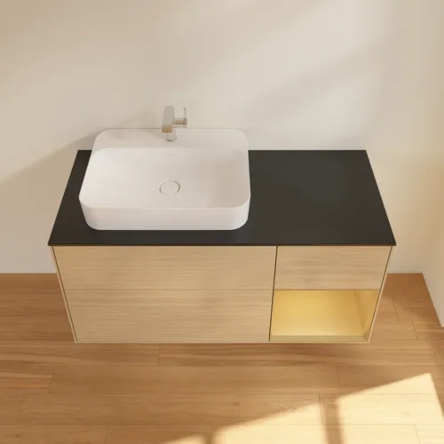 Bild von VILLEROY BOCH Finion Waschbeckenunterschrank, mit Beleuchtung, 3 Auszüge, 1200 x 603 x 501 mm, Oak Veneer / Gold Matt Lacquer / Glass Black Matt #F402HFPC