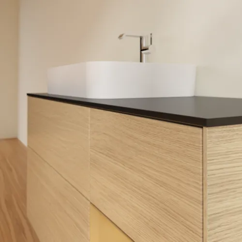 Bild von VILLEROY BOCH Finion Waschbeckenunterschrank, mit Beleuchtung, 3 Auszüge, 1200 x 603 x 501 mm, Oak Veneer / Gold Matt Lacquer / Glass Black Matt #F402HFPC