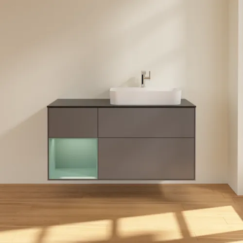 Bild von VILLEROY BOCH Finion Waschbeckenunterschrank, mit Beleuchtung, 3 Auszüge, 1200 x 603 x 501 mm, Anthracite Matt Lacquer / Olive Matt Lacquer / Glass Black Matt #F392GMGK