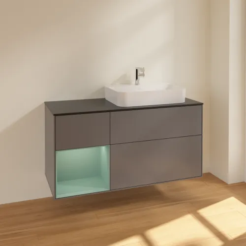 Bild von VILLEROY BOCH Finion Waschbeckenunterschrank, mit Beleuchtung, 3 Auszüge, 1200 x 603 x 501 mm, Anthracite Matt Lacquer / Olive Matt Lacquer / Glass Black Matt #F392GMGK