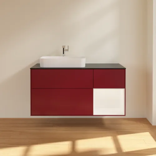 Bild von VILLEROY BOCH Finion Waschbeckenunterschrank, mit Beleuchtung, 3 Auszüge, 1200 x 603 x 501 mm, Peony Matt Lacquer / White Matt Lacquer / Glass Black Matt #F402MTHB
