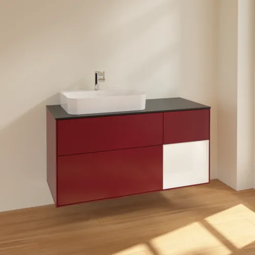 Bild von VILLEROY BOCH Finion Waschbeckenunterschrank, mit Beleuchtung, 3 Auszüge, 1200 x 603 x 501 mm, Peony Matt Lacquer / White Matt Lacquer / Glass Black Matt #F402MTHB
