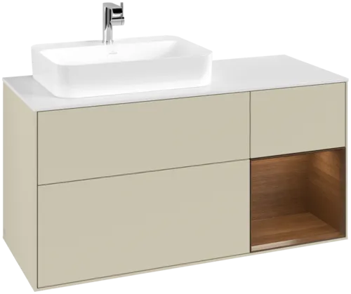 Bild von VILLEROY BOCH Finion Waschbeckenunterschrank, mit Beleuchtung, 3 Auszüge, 1200 x 603 x 501 mm, Silk Grey Matt Lacquer / Walnut Veneer / Glass White Matt #F401GNHJ
