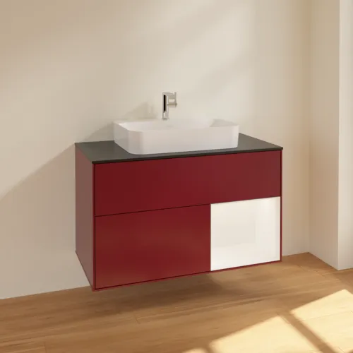 Obrázek VILLEROY BOCH Toaletní skříňka Finion, s osvětlením, 2 výsuvy, 1000 x 603 x 501 mm, Pivoňka matný lak / Bílý matný lak / Sklo černé matné #F372MTHB