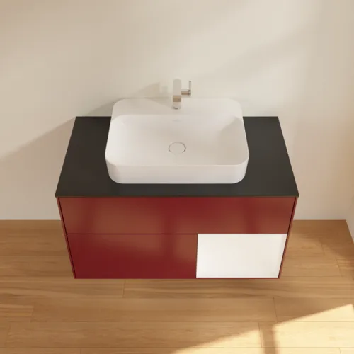 Obrázek VILLEROY BOCH Toaletní skříňka Finion, s osvětlením, 2 výsuvy, 1000 x 603 x 501 mm, Pivoňka matný lak / Bílý matný lak / Sklo černé matné #F372MTHB
