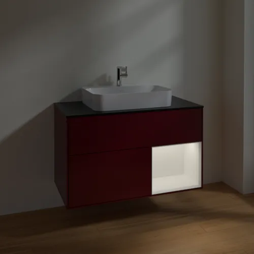 Obrázek VILLEROY BOCH Toaletní skříňka Finion, s osvětlením, 2 výsuvy, 1000 x 603 x 501 mm, Pivoňka matný lak / Bílý matný lak / Sklo černé matné #F372MTHB