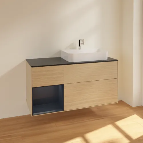 Bild von VILLEROY BOCH Finion Waschbeckenunterschrank, mit Beleuchtung, 3 Auszüge, 1200 x 603 x 501 mm, Oak Veneer / Midnight Blue Matt Lacquer / Glass Black Matt #F392HGPC