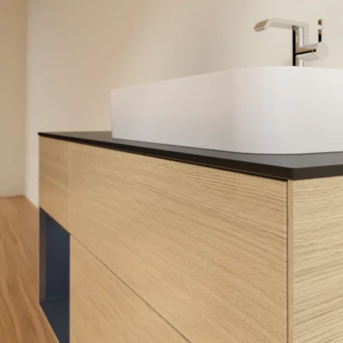 Bild von VILLEROY BOCH Finion Waschbeckenunterschrank, mit Beleuchtung, 3 Auszüge, 1200 x 603 x 501 mm, Oak Veneer / Midnight Blue Matt Lacquer / Glass Black Matt #F392HGPC